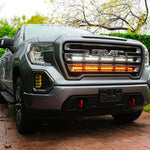 2019 2020 2021 2022 2023 gray GMC Sierra 1500 with two 40in behind grille light bars color amber and white