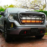 2019 2020 2021 2022 2023 gray GMC Sierra 1500 with two 40in behind grille light bars color amber and white