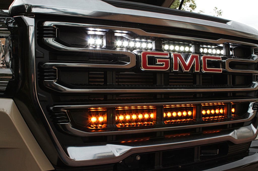 2021 2022 2023 GMC Canyon two 30in light bars behind grille color white and amber by M&R Automotive