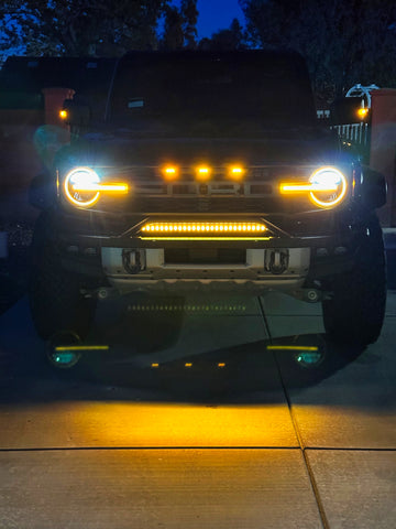 2021 2022 2023 Ford Bronco Modular Bumper in the dark with one amber 30in Light Bar on top of bumper - M&R Automotive