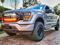 gray 2021 2022 2023 ford f150 with 2 white 30in light bars behind the grille color white and amber
