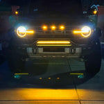 2021 2022 2023 Ford Bronco Modular Bumper in the dark with one amber 30in Light Bar on top of bumper - M&R Automotive