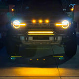 2021 2022 2023 Ford Bronco Modular Bumper in the dark with one amber 30in Light Bar on top of bumper - M&R Automotive