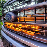 up close view light bars color amber behind the grille on 2021 2022 2023 ford f150 