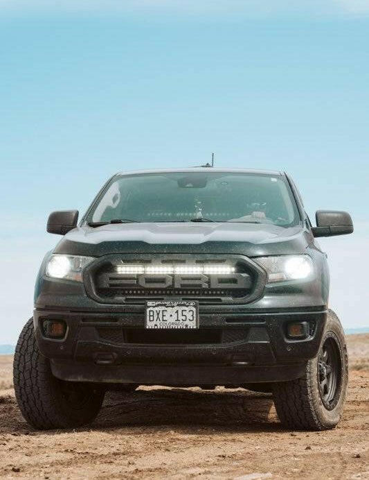 2019 2020 2021 2022 black ford ranger with one white 30in light bar behind the grille