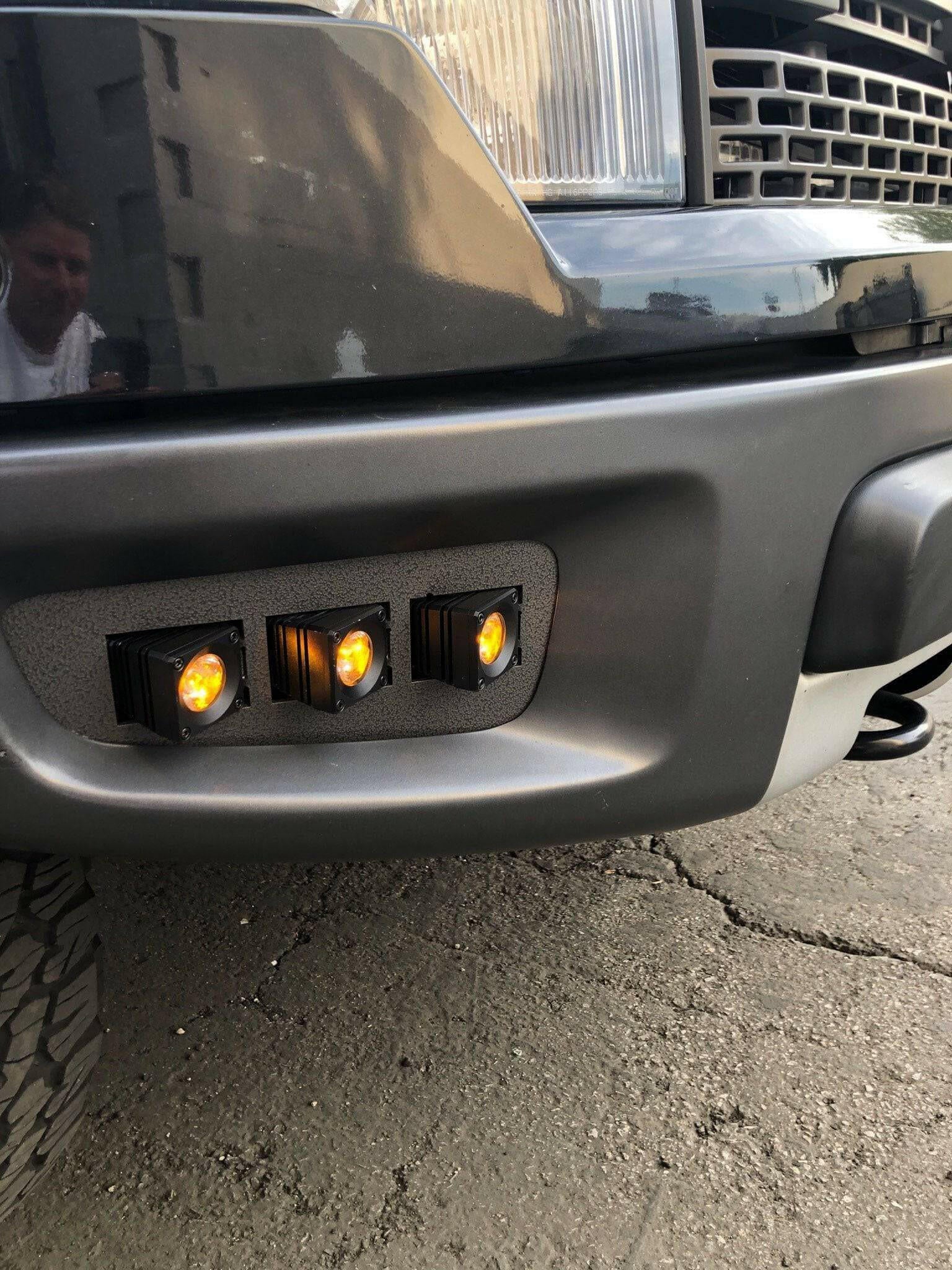 2010-2014 Ford Raptor Gen 1 Dual Function Fog Light Kit with amber DRL pods installed, Ford Raptor Gen 1 fog light on front bumper