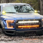 blue ford raptor 2019 in the water with 2 behind grille 40in light bars color white and amber