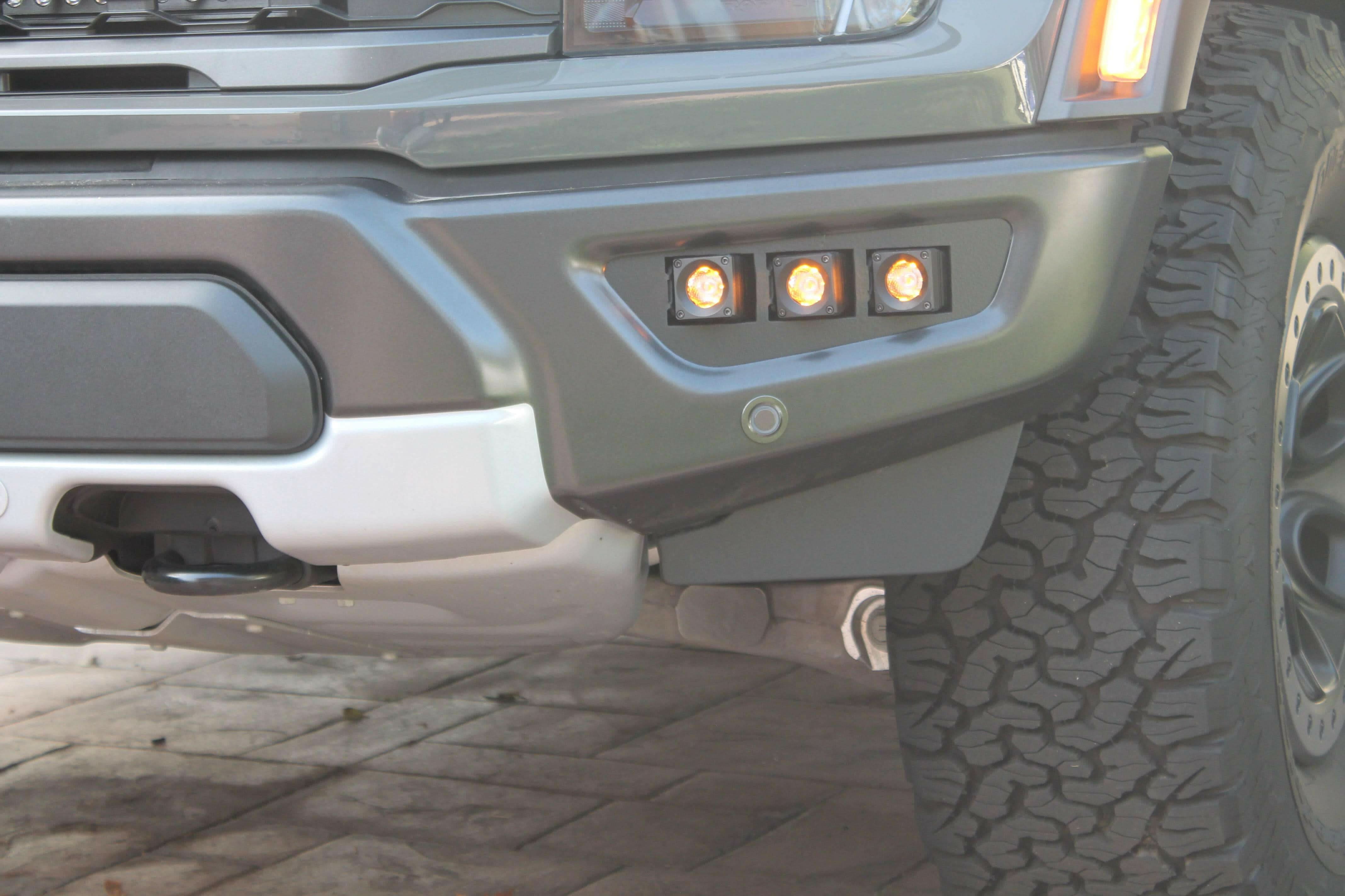 up close view gray 2021 2022 2023 ford raptor generation 3 fog light kit 3 20watt squares