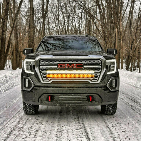 2019 2020 2021 2022 2023 black GMC Sierra 1500 with two 40in behind grille light bars color amber and white