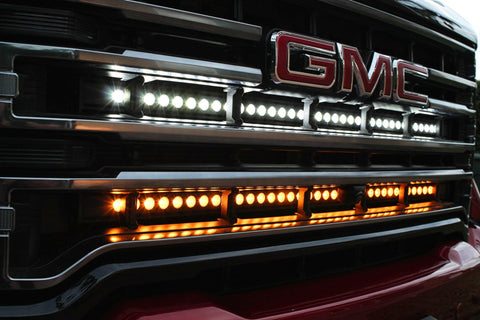 2020 2021 2022 2023 GMC Sierra 2500 and 3500HD two 40in Light Bars behind the grille color amber and white 