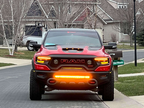 RAM Rebel Light Bar on red 2019-2024 RAM 1500 Rebel with bright amber 40in slim front bumper LED