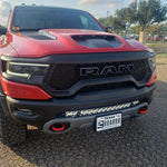 RAM Rebel Light Bar installed on red 2019-2024 RAM 1500 Rebel with single slim 40in LED light bar mounted in front bumper