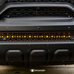RAM Rebel Light Bar installed on 2019-2024 RAM 1500 Rebel front bumper with single 40in slim LED bar illuminated