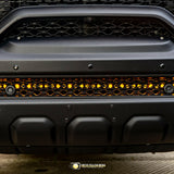 RAM Rebel Light Bar installed on 2019-2024 RAM 1500 Rebel front bumper with single 40in slim LED bar illuminated