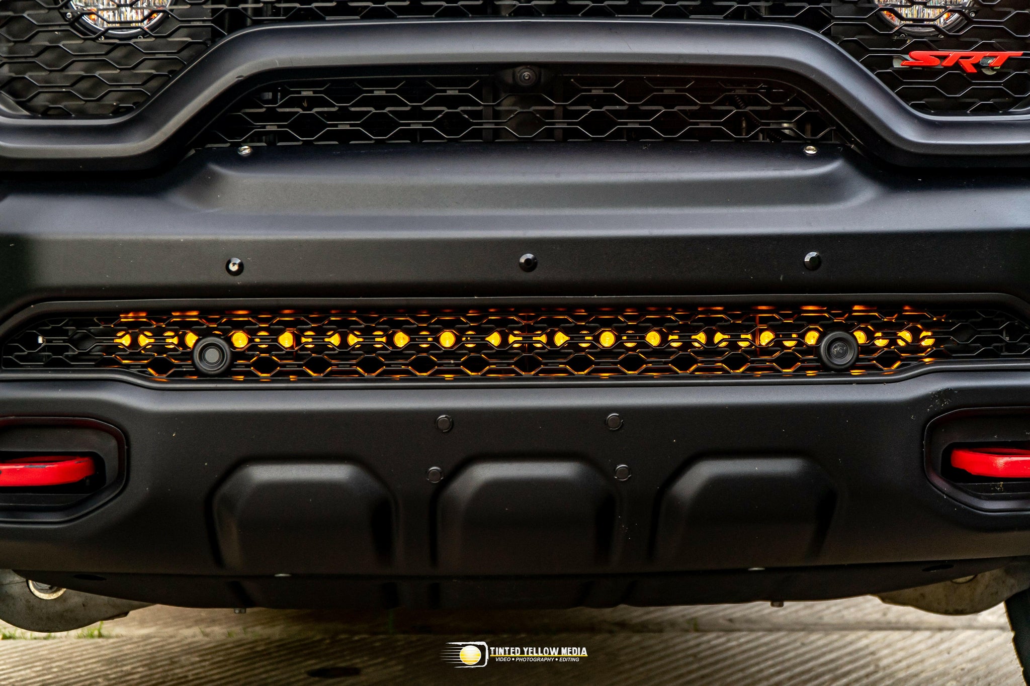 RAM Rebel Light Bar installed on 2019-2024 RAM 1500 Rebel front bumper with single 40in slim LED bar illuminated