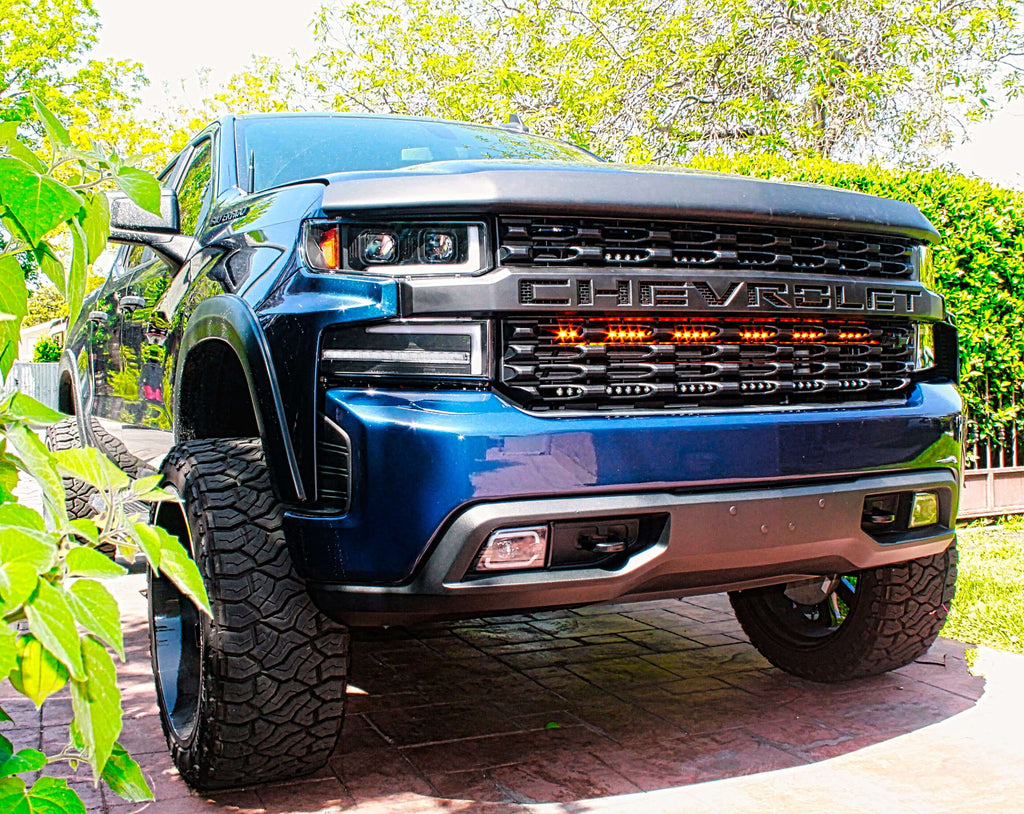 2019 2020 2021 blue chevrolet Silverado one amber 40in light bar behind the grille M&R Automotive