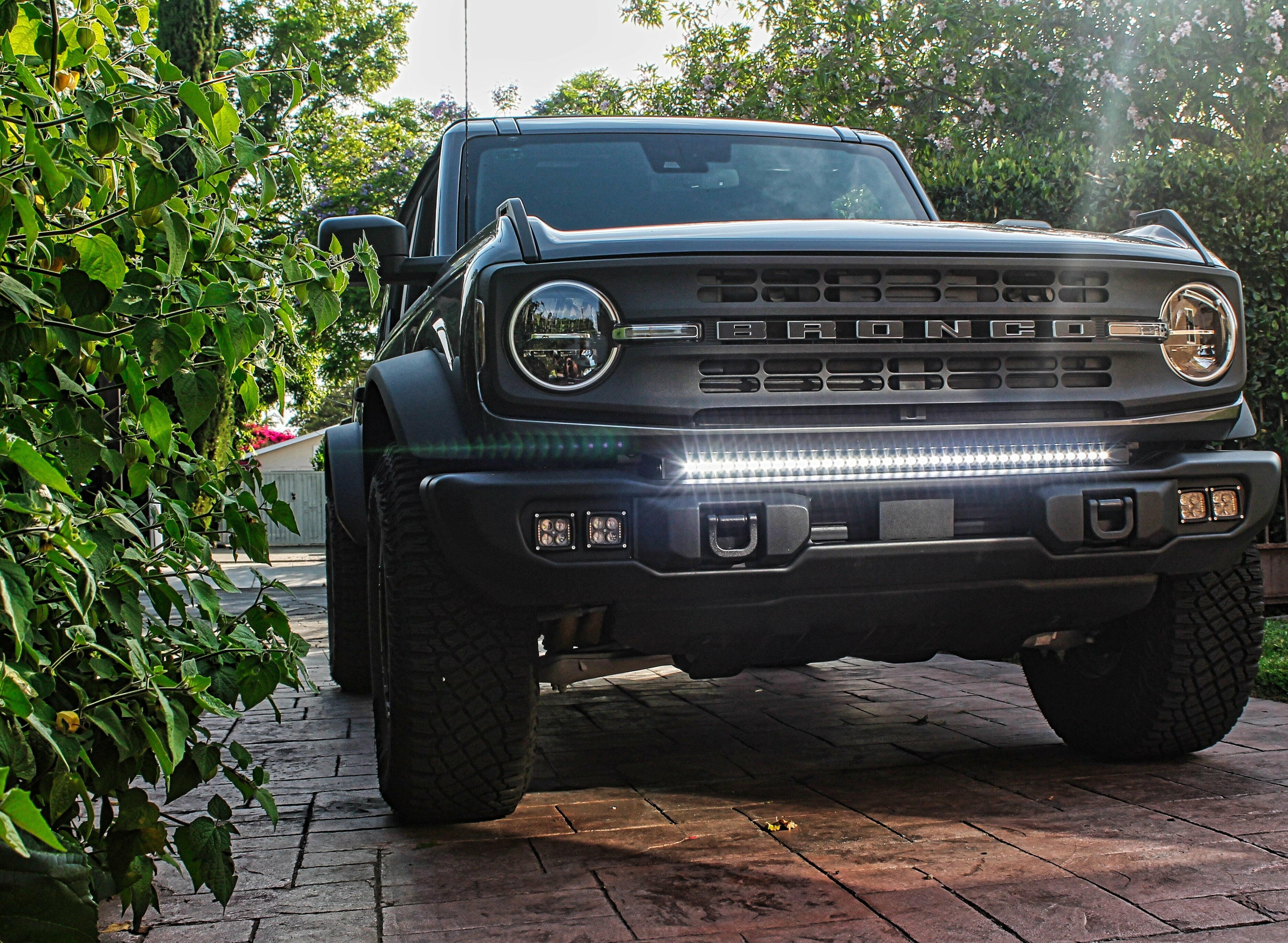 2021 2022 2023 2024 dark gray Ford Bronco Capable Bumper with one white 40in Light Bar on top of bumper - M&R Automotive
